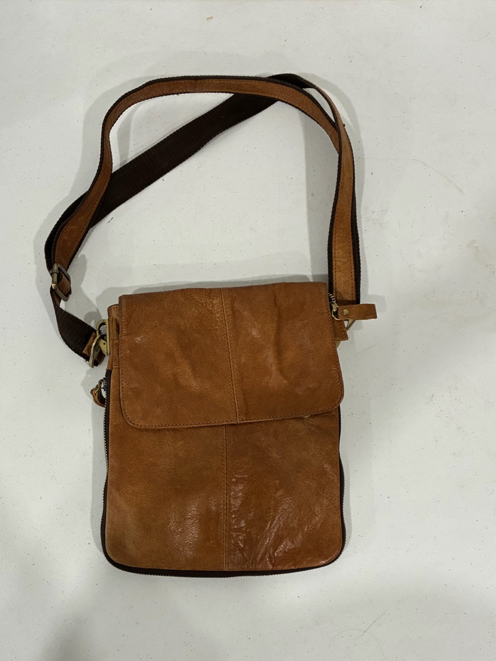 Leather Crossbody Messenger Bag - Brown